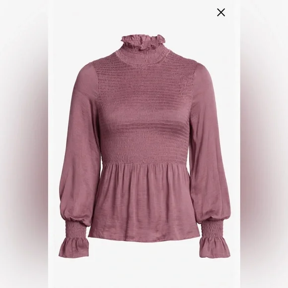 VICI Smocked Satin Peplum Blouse Mauve Long Sleeve Ruffle Neck Size Medium - Picture 2 of 9